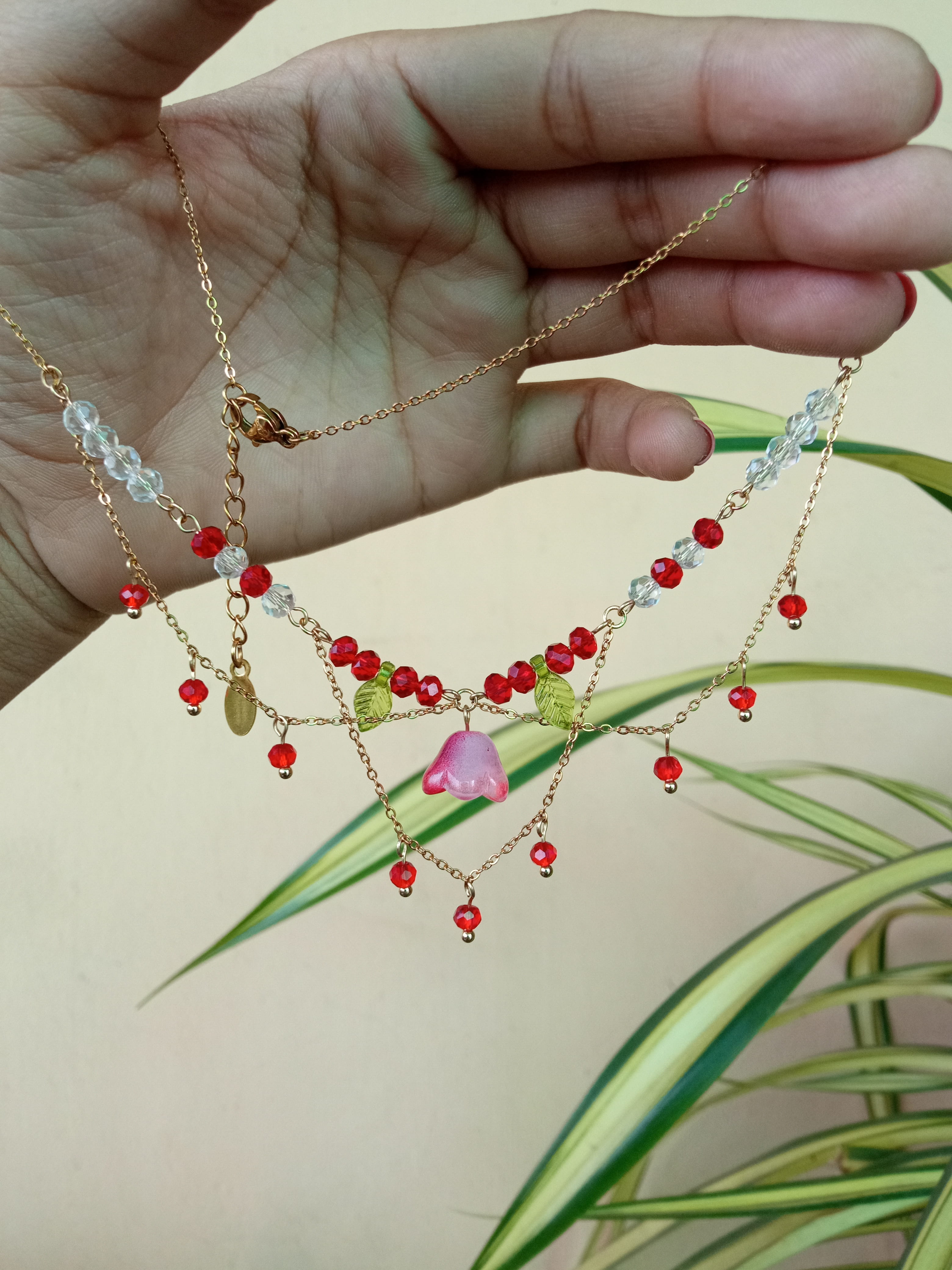 Red tulip Crystal Drip necklace