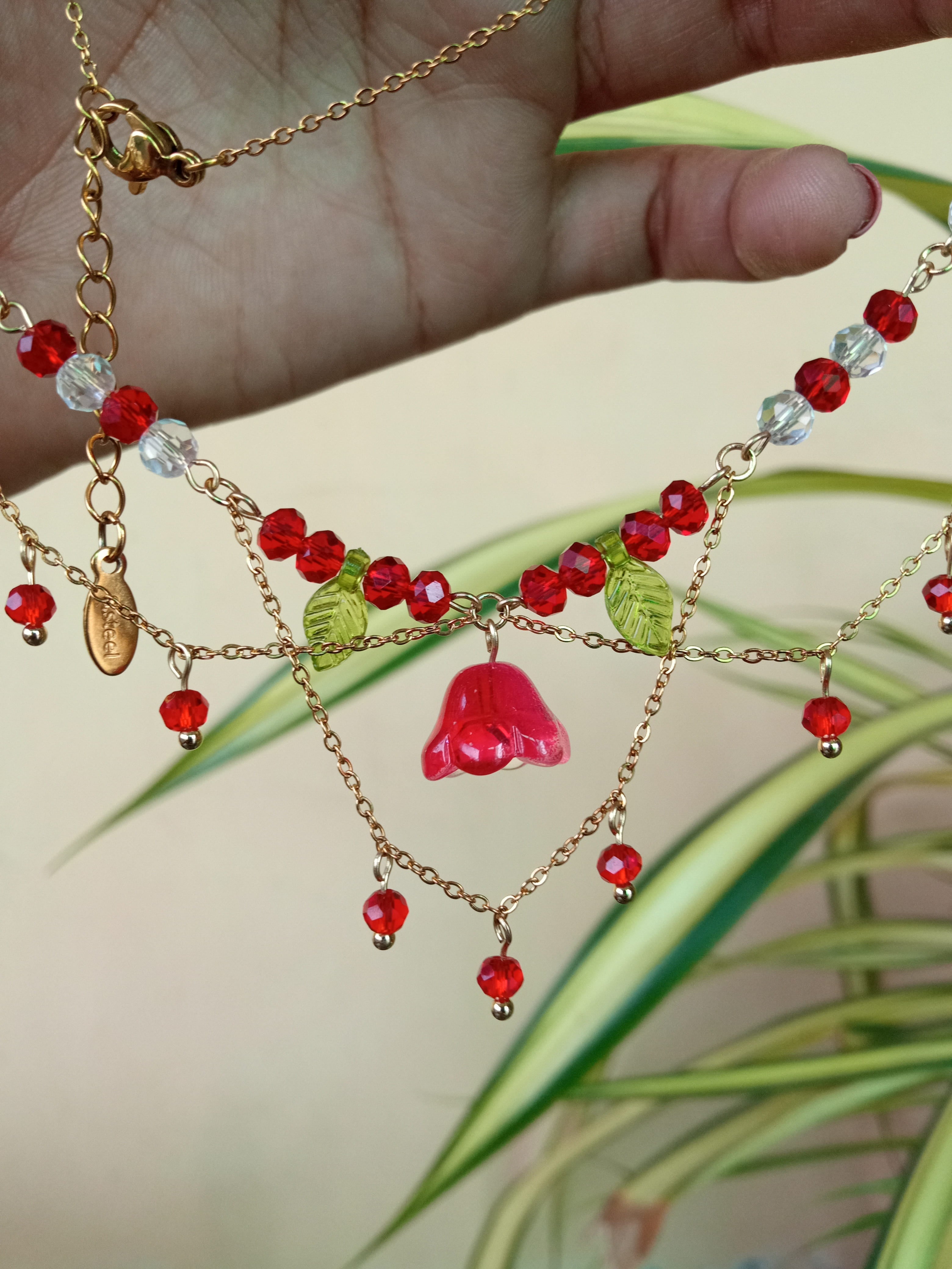 Red tulip Crystal Drip necklace