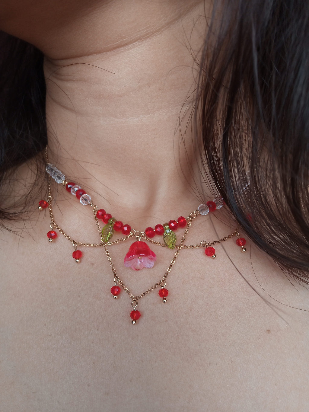 Red tulip Crystal Drip necklace