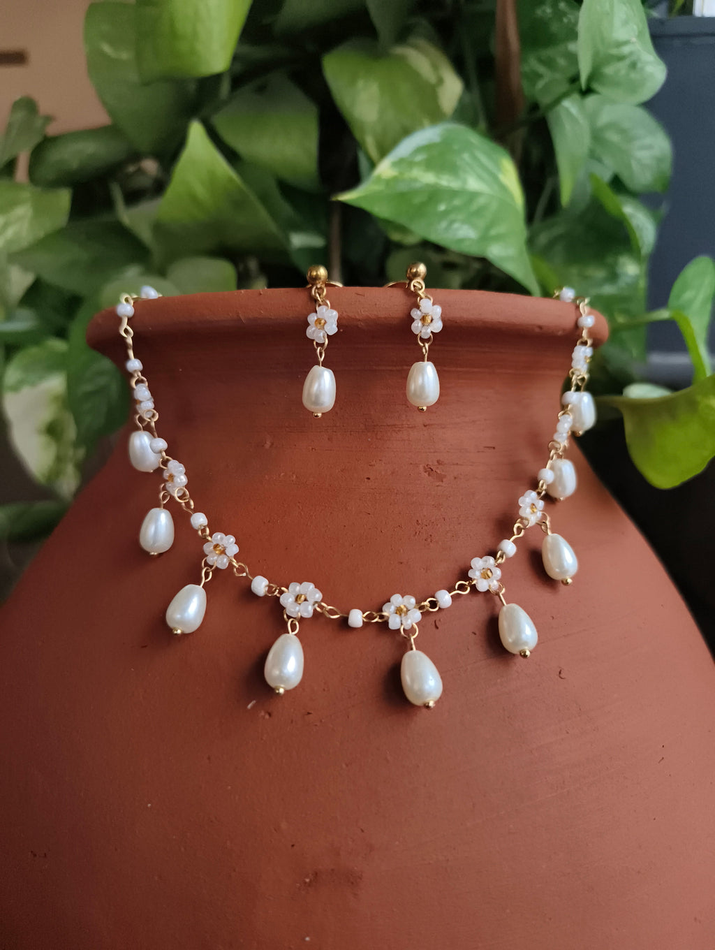 Ivory Blossom Pearl Drop Necklace Set