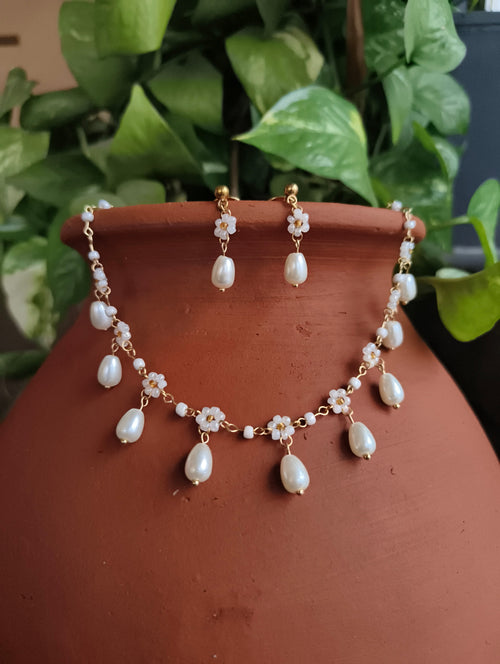 Ivory Blossom Pearl Drop Necklace Set